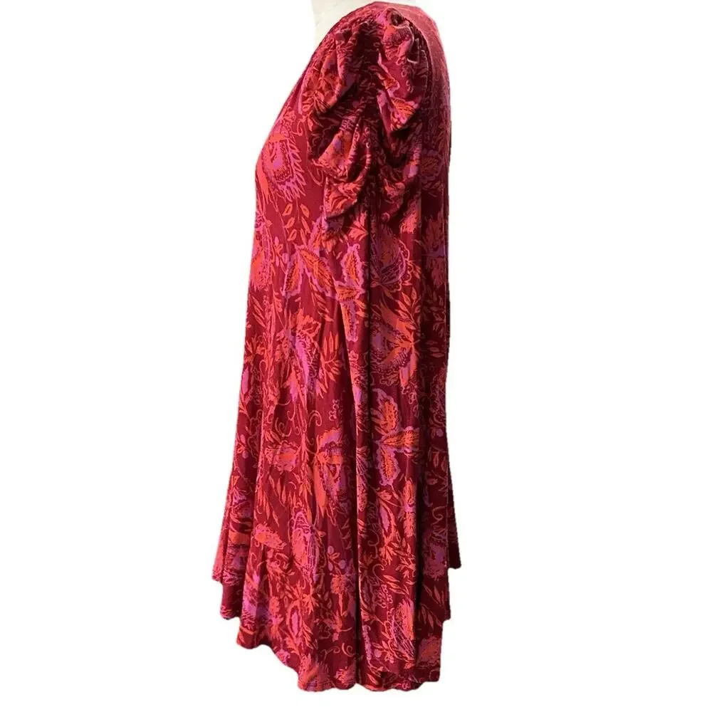 Free People Hello Lover Tunic Top XS Scarlet Combo Red V-Neck Puff Sleeve Boho